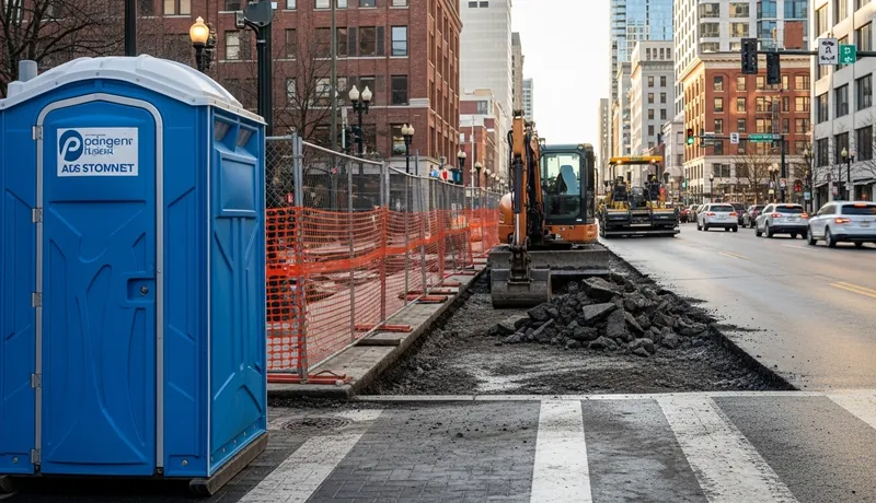 Standard porta potty at a construction site in downtown Tulsa, OK